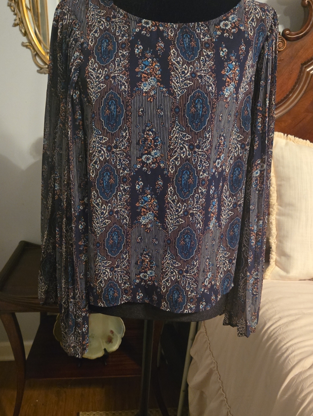 Women's Navy Floral Boho Long-Sleeve Top